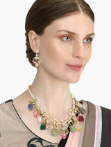 Gold Finish Kundan Necklace With Multicolor Stone In Mix Metal