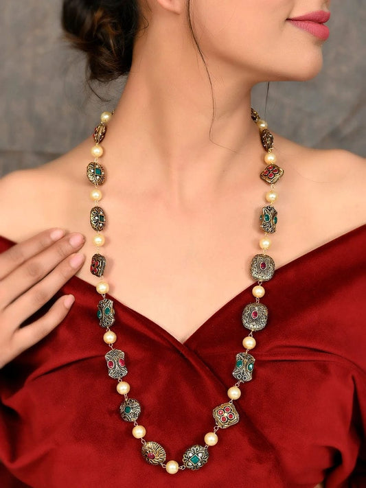 Gold Plated Long Multi Beads Kundan Necklace