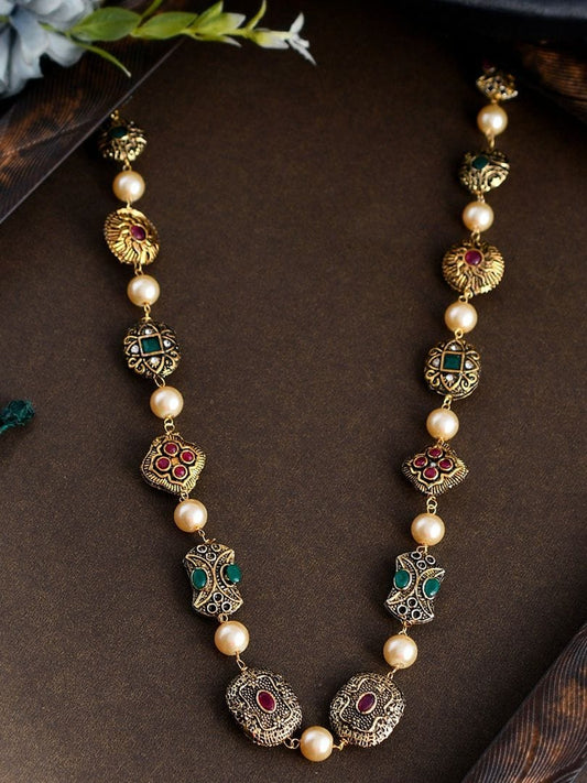 Gold Plated Long Multi Beads Kundan Necklace
