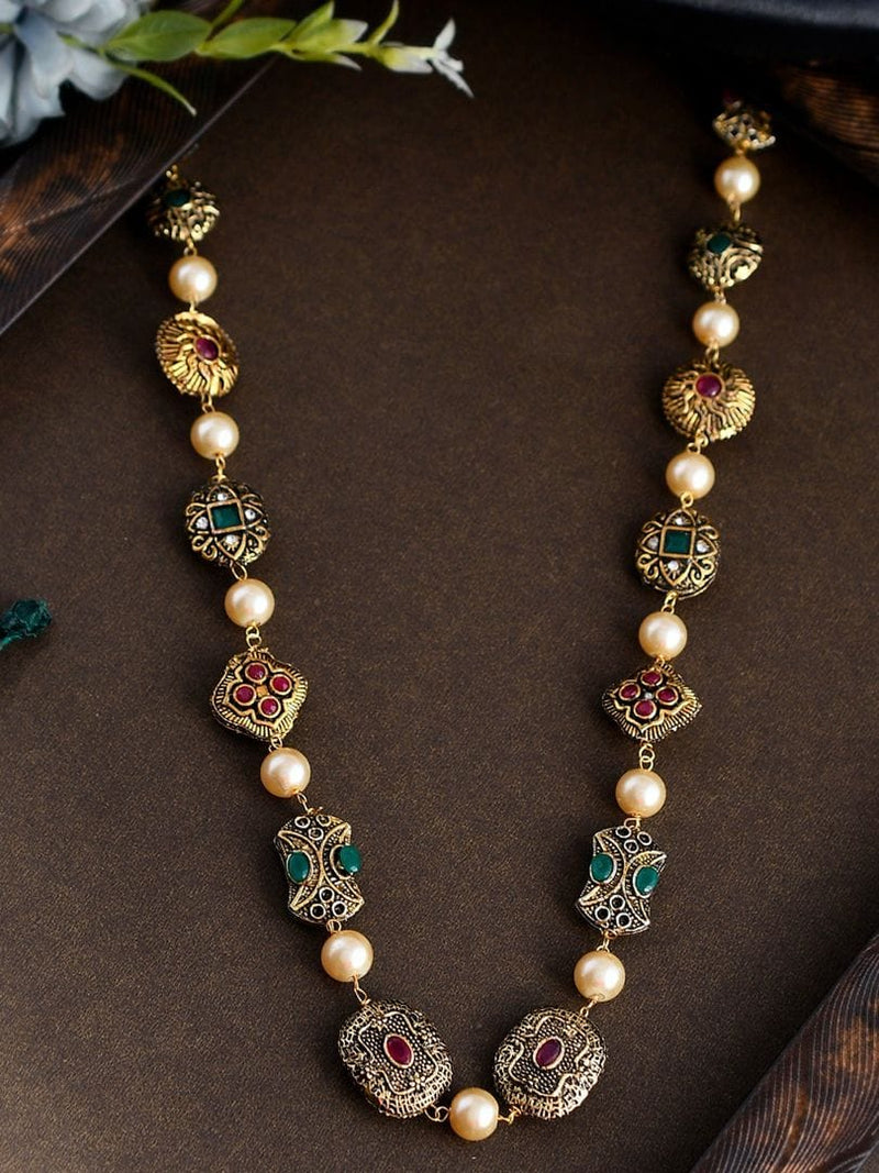 Gold Plated Long Multi Beads Kundan Necklace