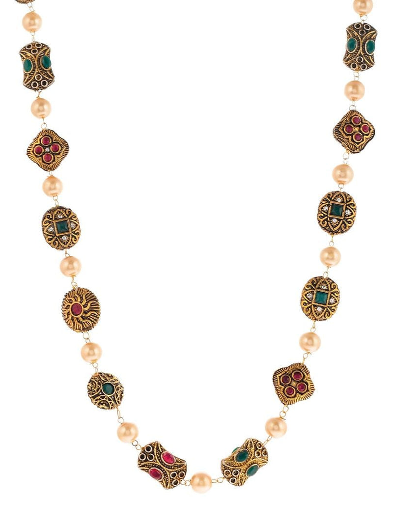 Gold Plated Long Multi Beads Kundan Necklace
