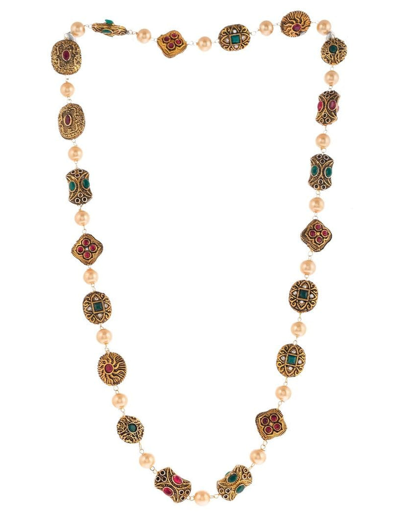 Gold Plated Long Multi Beads Kundan Necklace