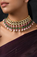 Gold Plated  Kundan Necklace With Pink & Green Stone