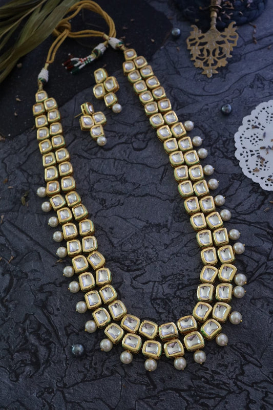 Gold Plated Long Kundan Necklace & Earrings
