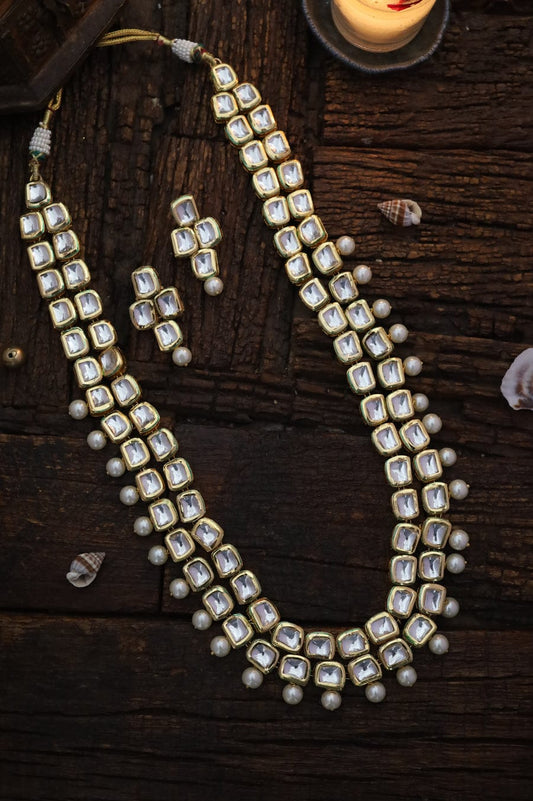 Gold Plated Long Kundan Necklace & Earrings