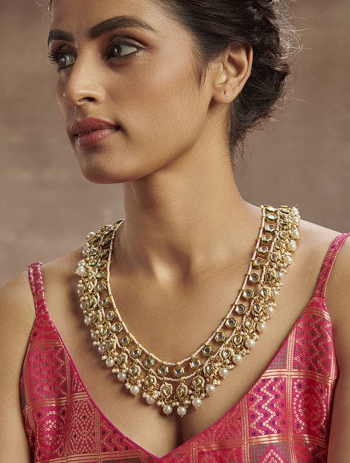Gold Plated Layered Pearl And Kundan Necklace