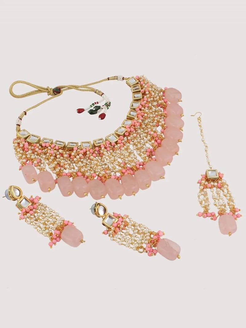 Gold Plated Pink Jewellery Set with Earring