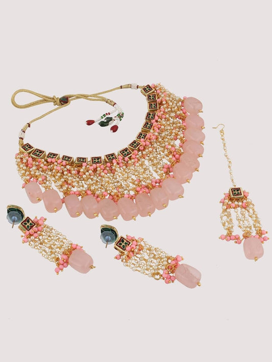 Gold Plated Pink Jewellery Set with Earring