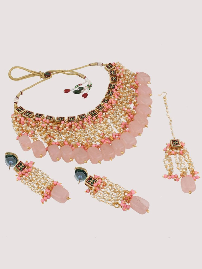 Gold Plated Pink Jewellery Set with Earring