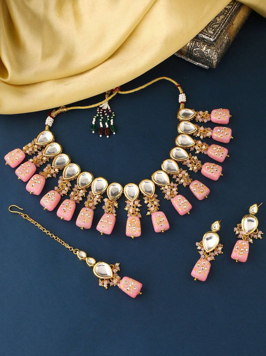 Gold Plated Pink & Beaded Jewellery Set