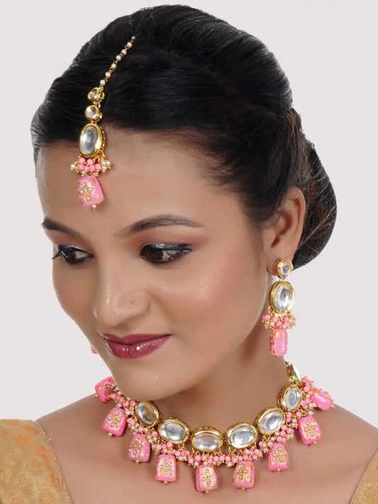 Gold Plated Pink & Beaded Jewellery Set