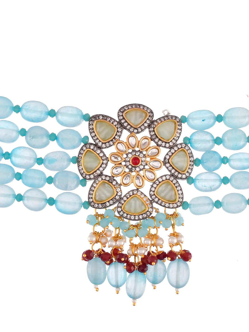 Gold Plated Monalisa Stones & Beads Studded Choker Necklace Set