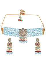 Gold Plated Monalisa Stones & Beads Studded Choker Necklace Set
