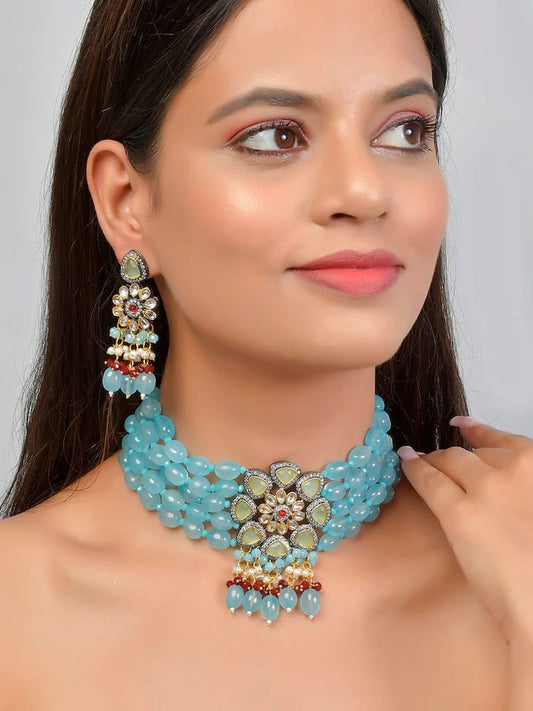 Gold Plated Monalisa Stones & Beads Studded Choker Necklace Set