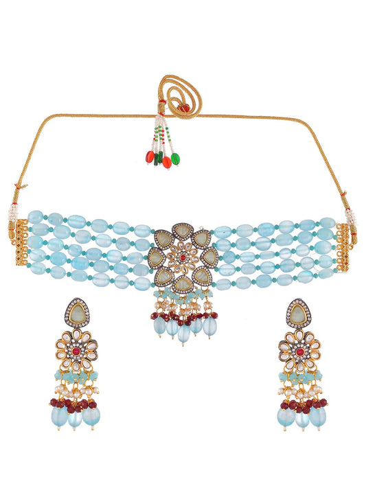Gold Plated Monalisa Stones & Beads Studded Choker Necklace Set