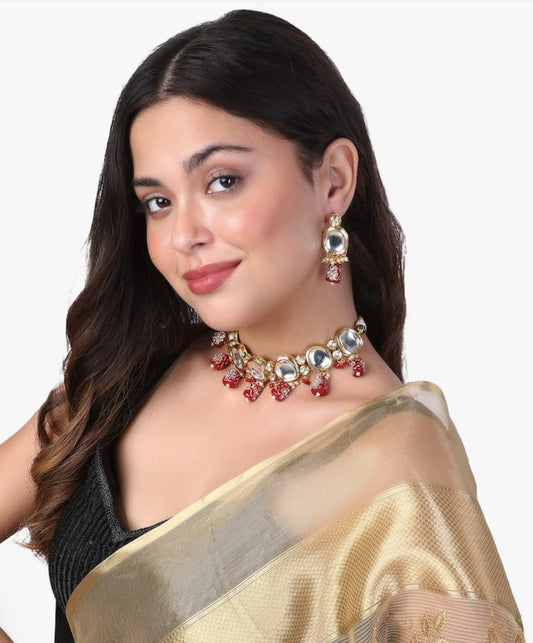 Gold Plated Kundan Necklace With Earring