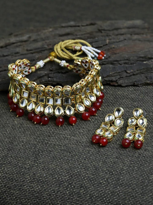 Gold-Plated Jewellery Set With Red Pearl