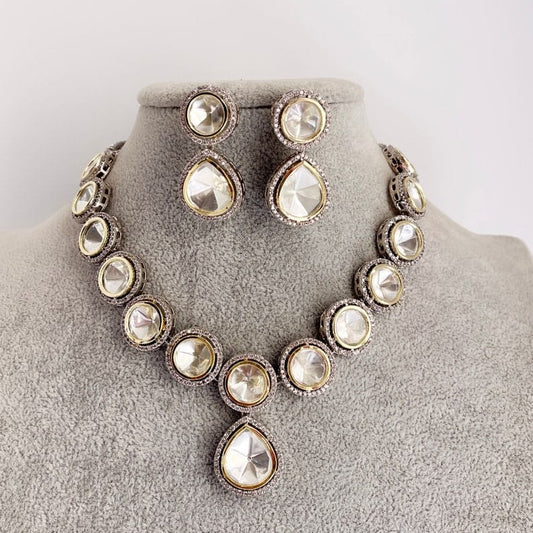 Victorian Uncut Polki Faux Diamond Necklace With Earring