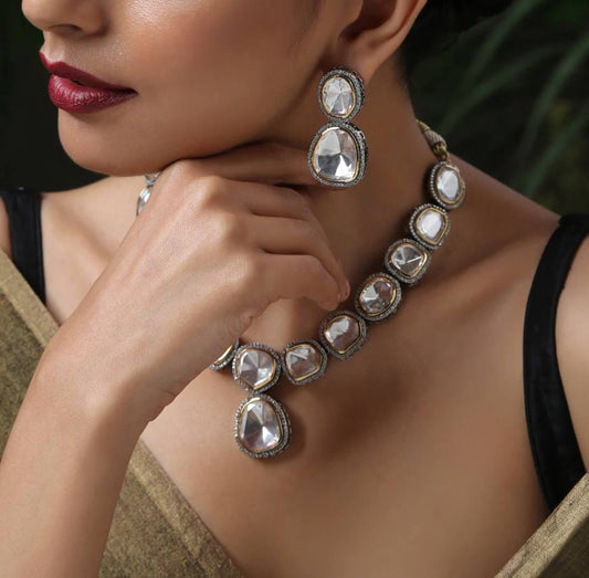 Victorian Uncut Polki Faux Diamond Necklace With Earring