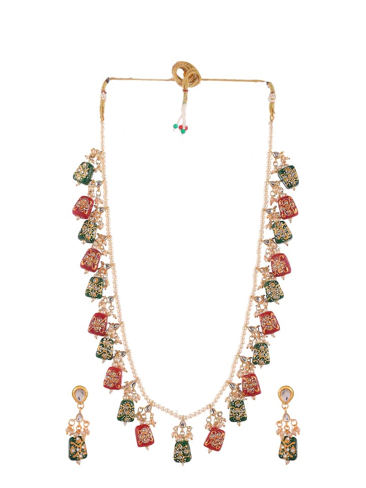 Gold Plated Green & Red Kundan Studded & Beaded Jewellery Set