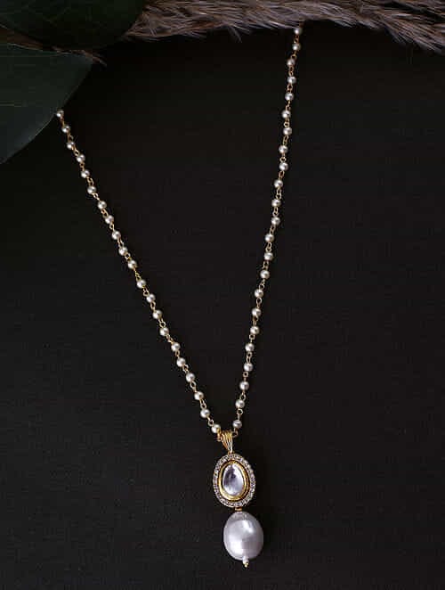 Gold Finish White Kundan Polki & Pearl Handcrafted Long Necklace