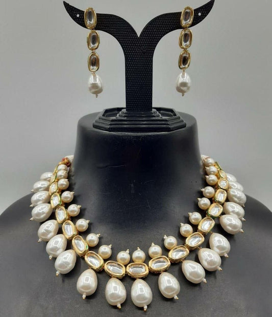 Gold Plated Kundan Pearl Necklace Set