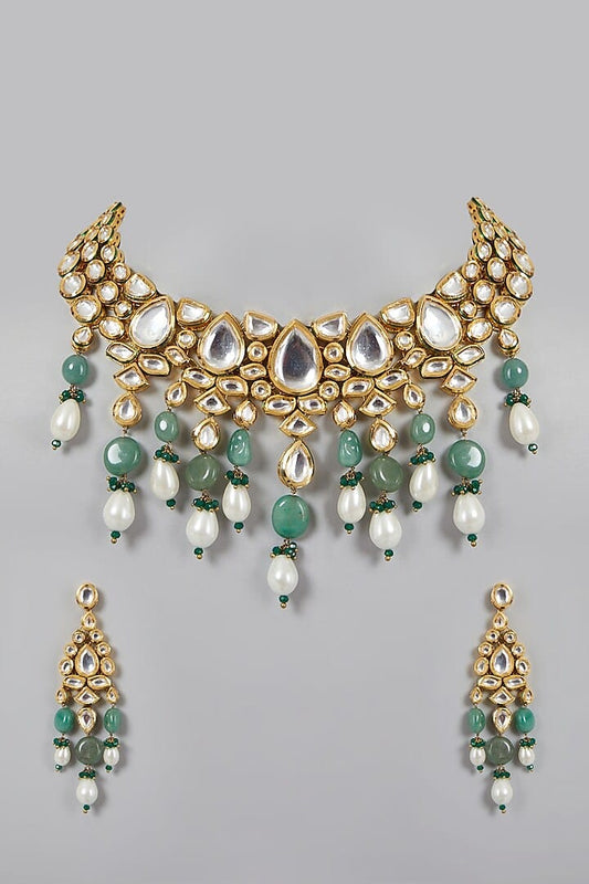 Gold Plated Kundan Polki & Pearl Necklace Set