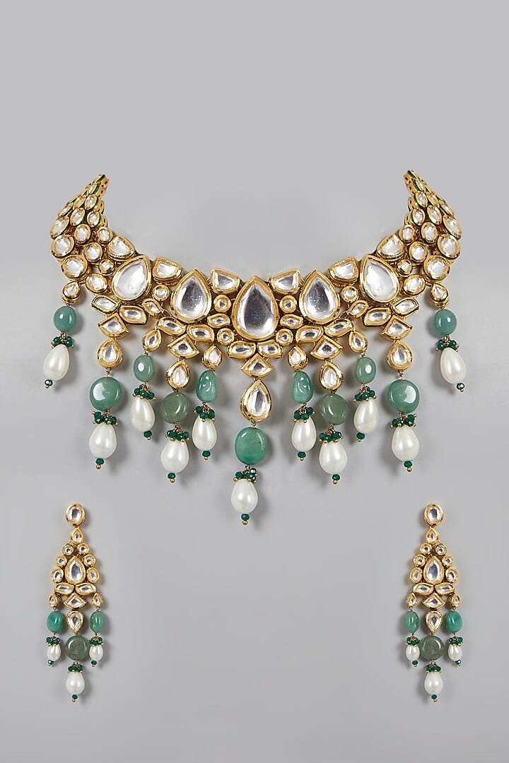Gold Plated Kundan Polki & Pearl Necklace Set