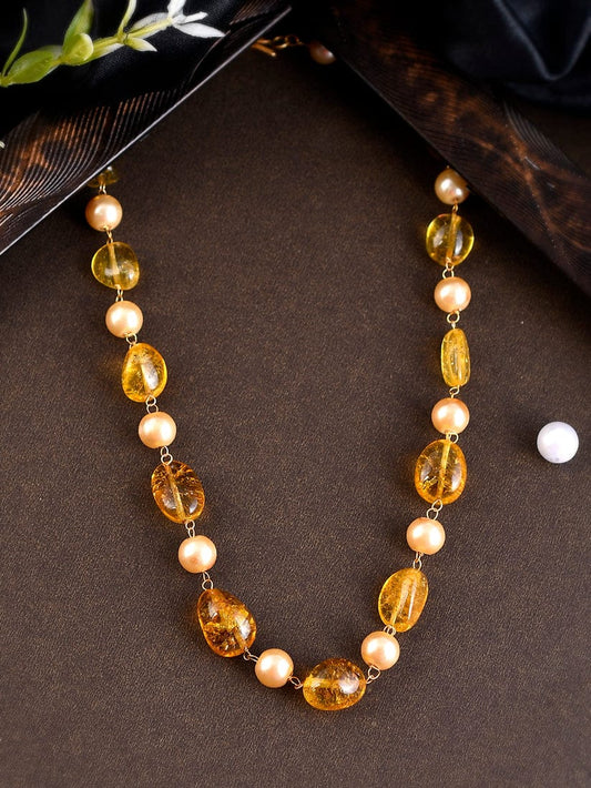 Gold Plated Yellow Quartz Pearl Unisex Necklace