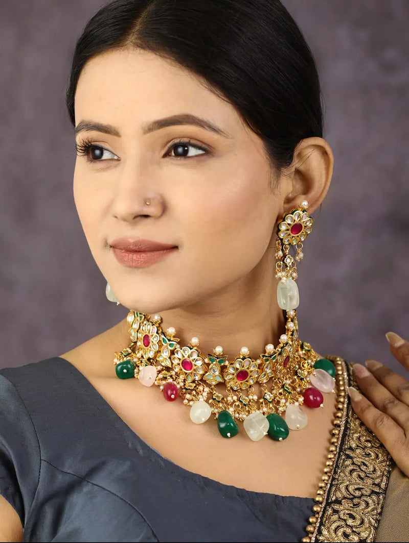 Gold-Plated Kundan-Studded Red & Green Ruby Emerald Beads Traditional Choker Jewellery Set