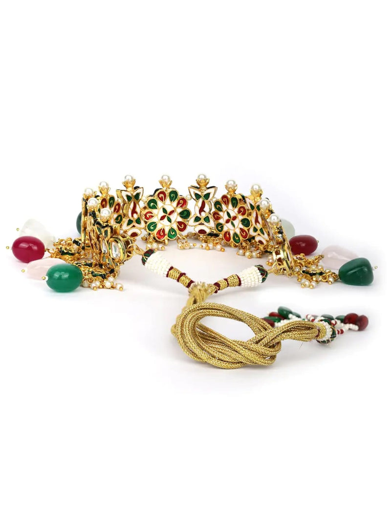 Gold-Plated Kundan-Studded Red & Green Ruby Emerald Beads Traditional Choker Jewellery Set