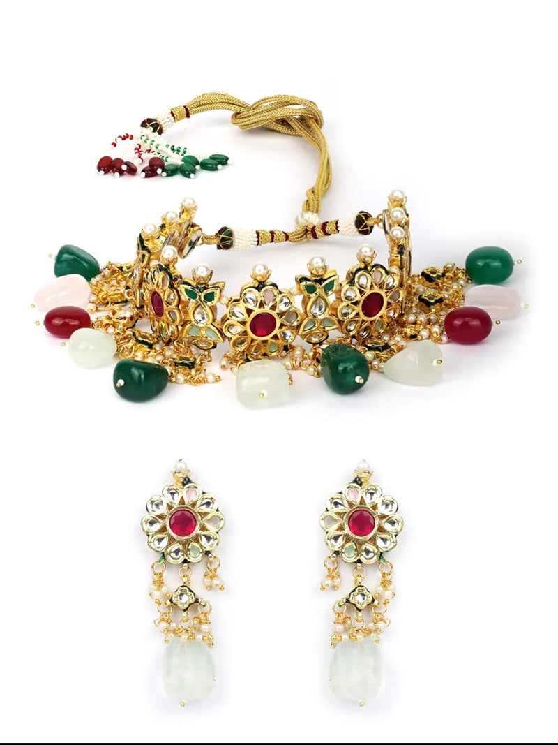 Gold-Plated Kundan-Studded Red & Green Ruby Emerald Beads Traditional Choker Jewellery Set