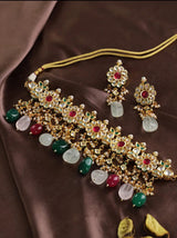 Gold-Plated Kundan-Studded Red & Green Ruby Emerald Beads Traditional Choker Jewellery Set