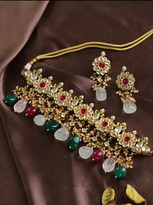 Gold-Plated Kundan-Studded Red & Green Ruby Emerald Beads Traditional Choker Jewellery Set