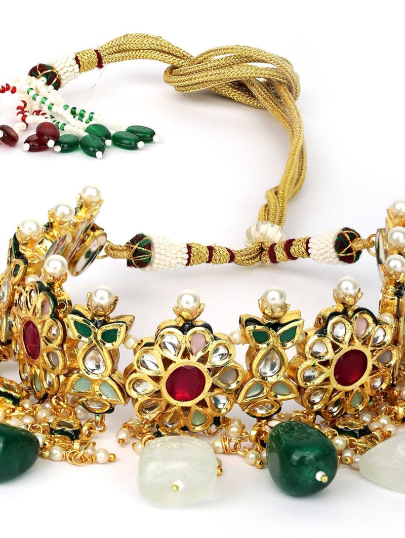 Gold-Plated Kundan-Studded Red & Green Ruby Emerald Beads Traditional Choker Jewellery Set