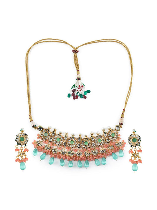 Gold Plated Kundan Choker Set With Monalisa Beads