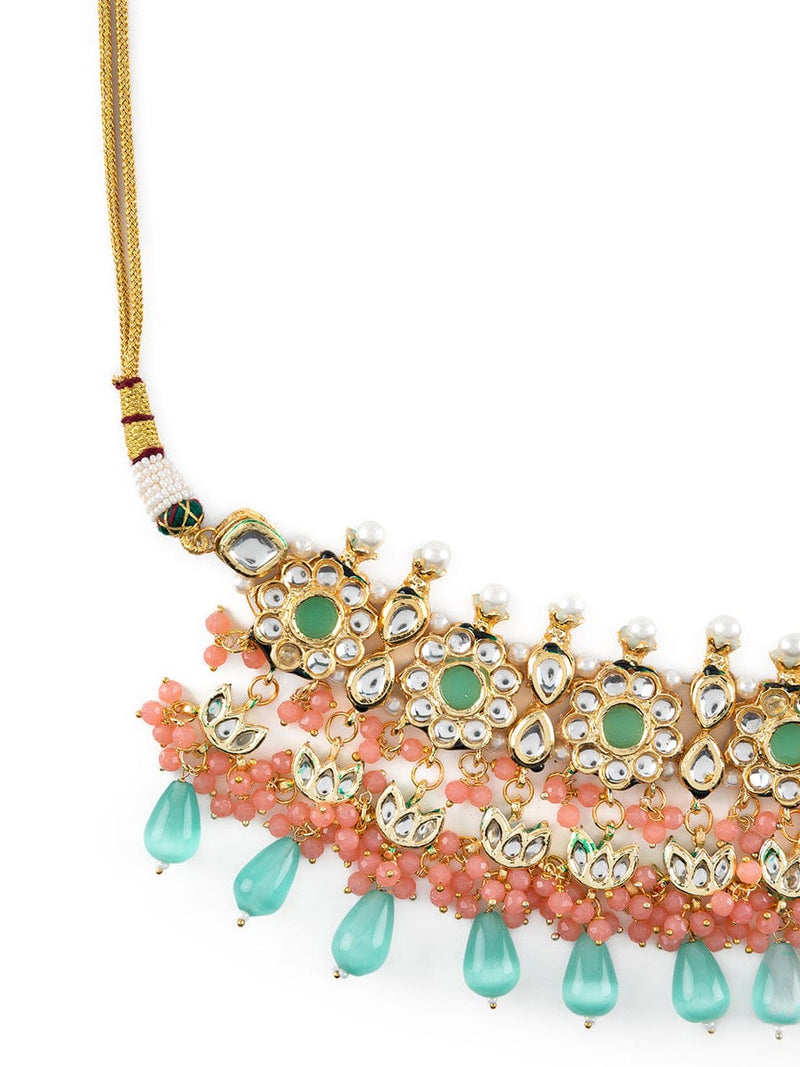 Gold Plated Kundan Choker Set With Monalisa Beads