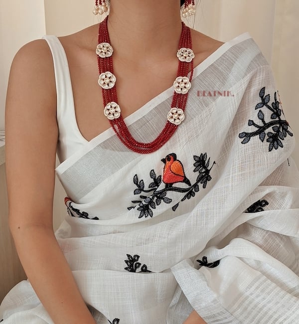 Gold Plated Red Beads & Kundan Neckpiece With Earrings