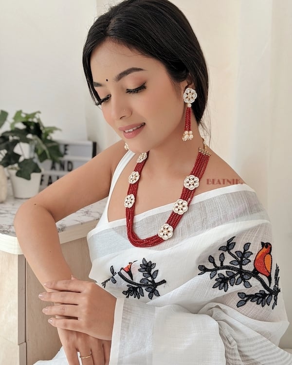 Gold Plated Red Beads & Kundan Neckpiece With Earrings