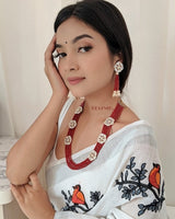Gold Plated Red Beads & Kundan Neckpiece With Earrings