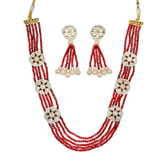 Gold Plated Red Beads & Kundan Neckpiece With Earrings