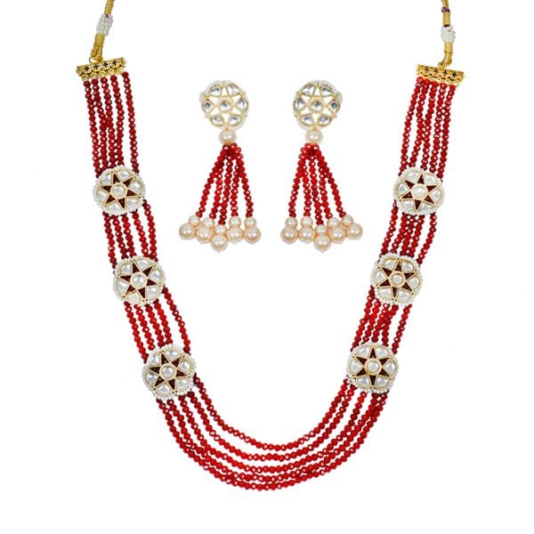 Gold Plated Red Beads & Kundan Neckpiece With Earrings