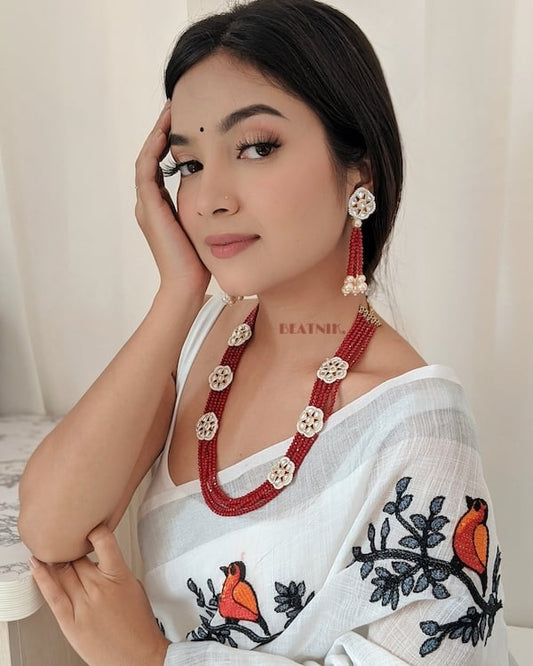 Gold Plated Red Beads & Kundan Neckpiece With Earrings