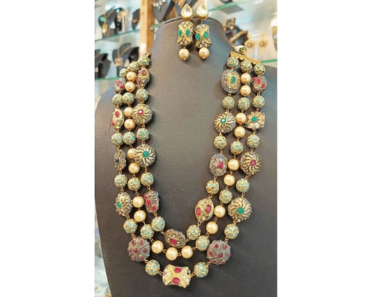 Gold Plated Multi Kundan Beads Neckpiece With Earrings