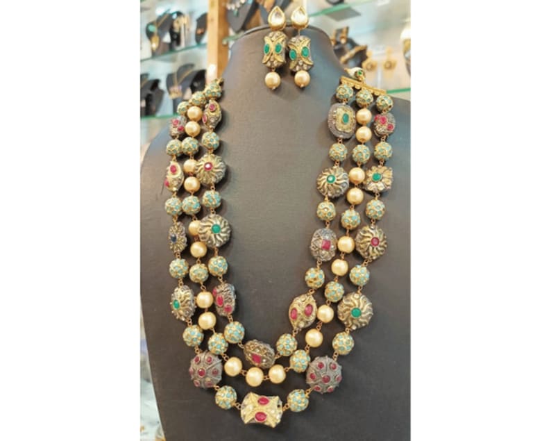 Gold Plated Multi Kundan Beads Neckpiece With Earrings