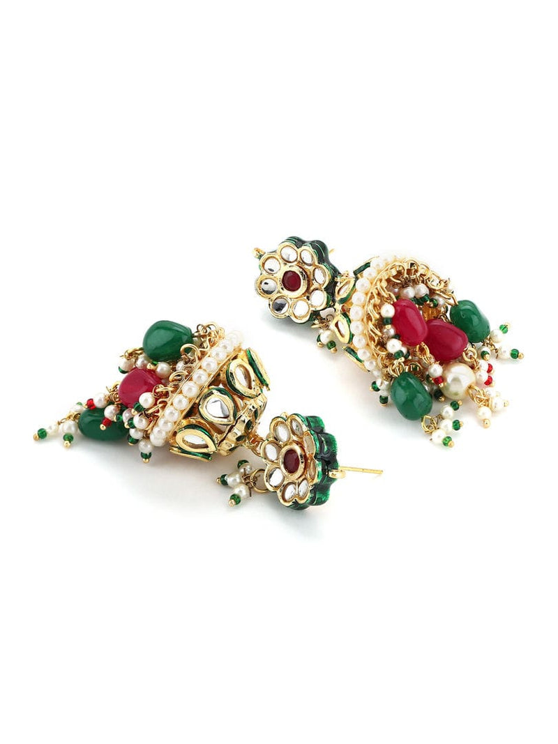 Gold Plated Red Green Kundan Neckpiece With Earrings