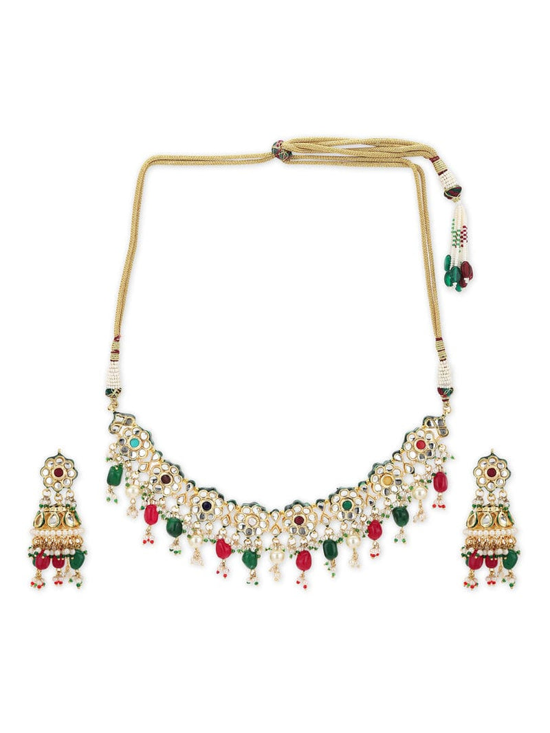Gold Plated Red Green Kundan Neckpiece With Earrings