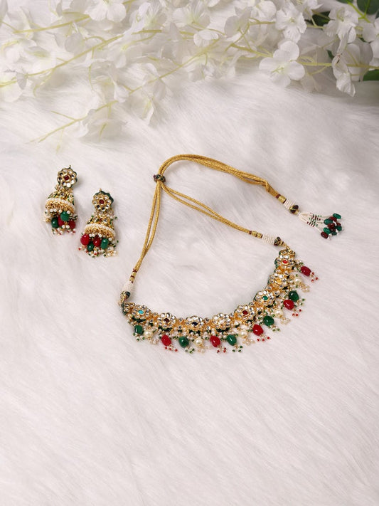 Gold Plated Red Green Kundan Neckpiece With Earrings