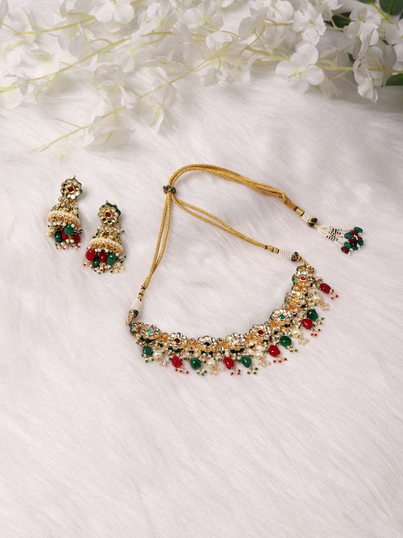 Gold Plated Red Green Kundan Neckpiece With Earrings