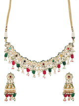Gold Plated Red Green Kundan Neckpiece With Earrings